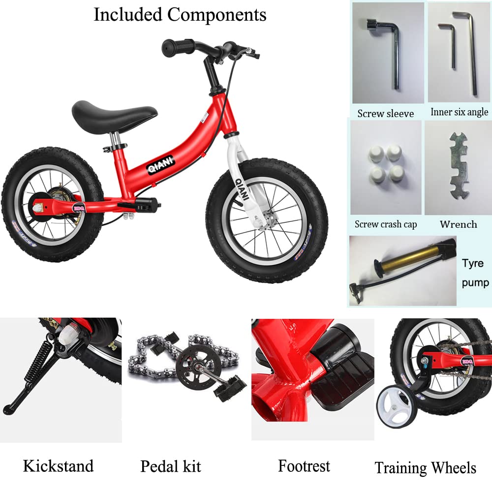 Qiani 2-in-1 balance bike for kids aged 2-7, with brakes, training wheels, pedals, air tires, and kickstand. Available in blue, 12-inch size.