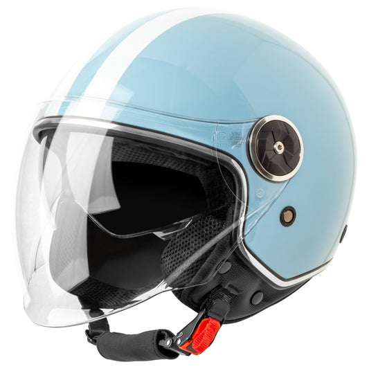 VINZ Arenas jet helmet with dual visor | scooter helmet with stripes & sun visor | Available in sizes XS-XXL | ECE 22.06 certified | Motorcycle helmet with visor | Many colors available - Light blue