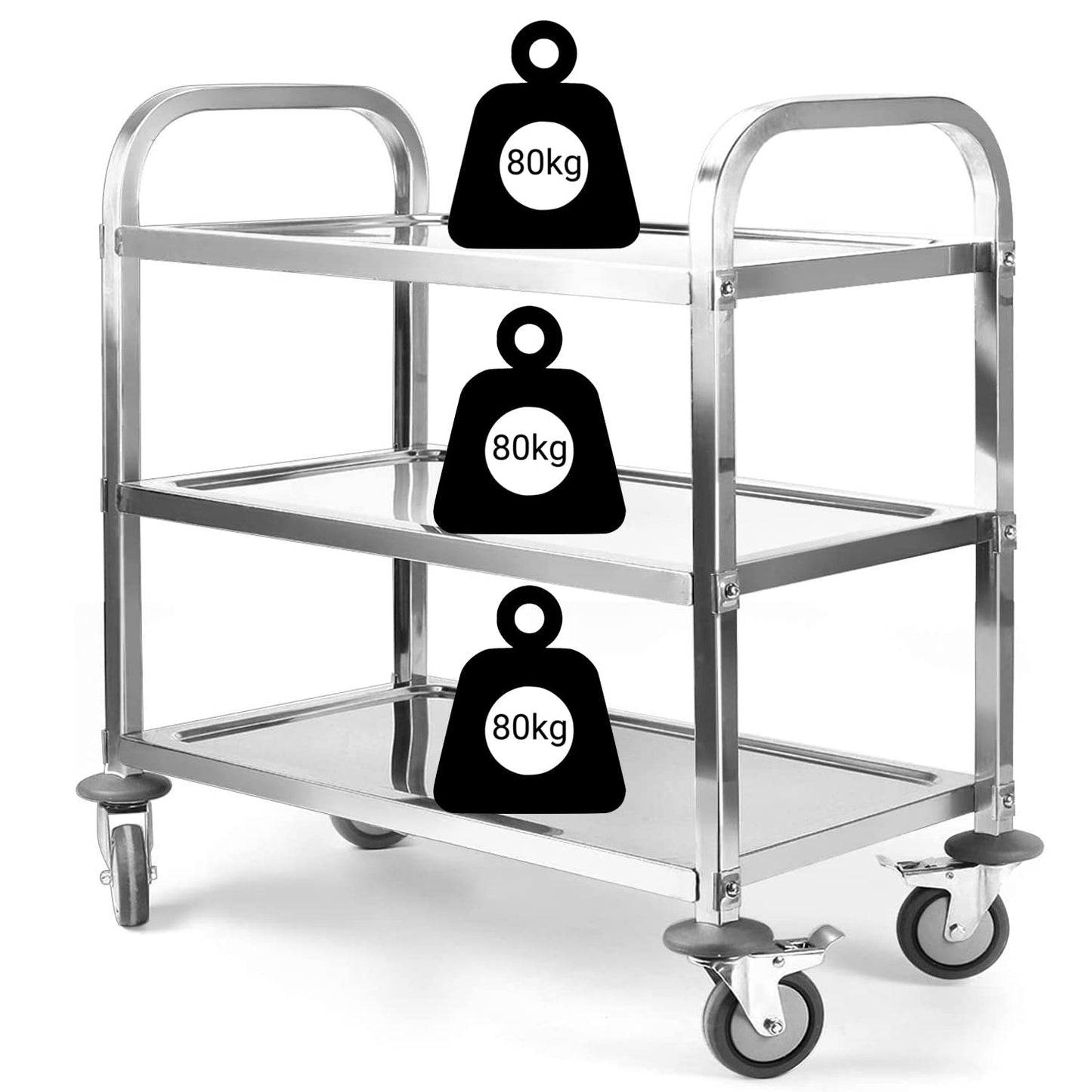 ybaymy Stainless Steel Serving Cart 3 Shelves Kitchen Trolley Stainless Steel Cart with Wheels Kitchen Cart on Wheels with Stainless Steel 95 x 50 x 95cm Food Cart, Capacity 240kg