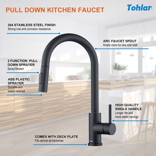 Tohlar Kitchen Faucet Black, High Pressure Pull-out 360° Swivel Kitchen Faucet Stainless Steel, Modern Single Handle Sink Faucet