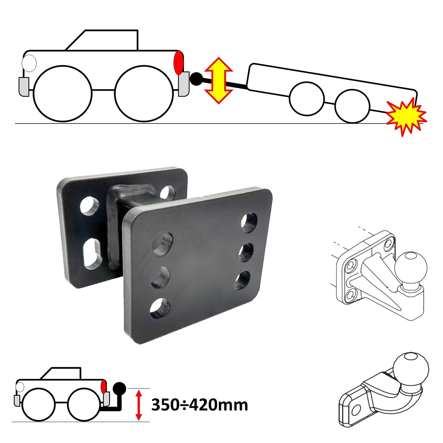 XIMPLIO adapter extension hook extension for flange ball trailer hitch with ABE (75 mm)