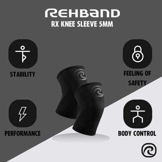 Rehband knee sleeve for strength sports, knee support for CrossFit & heavy training. Made of 5mm neoprene, available in various colors and sizes, suitable for both men and women.