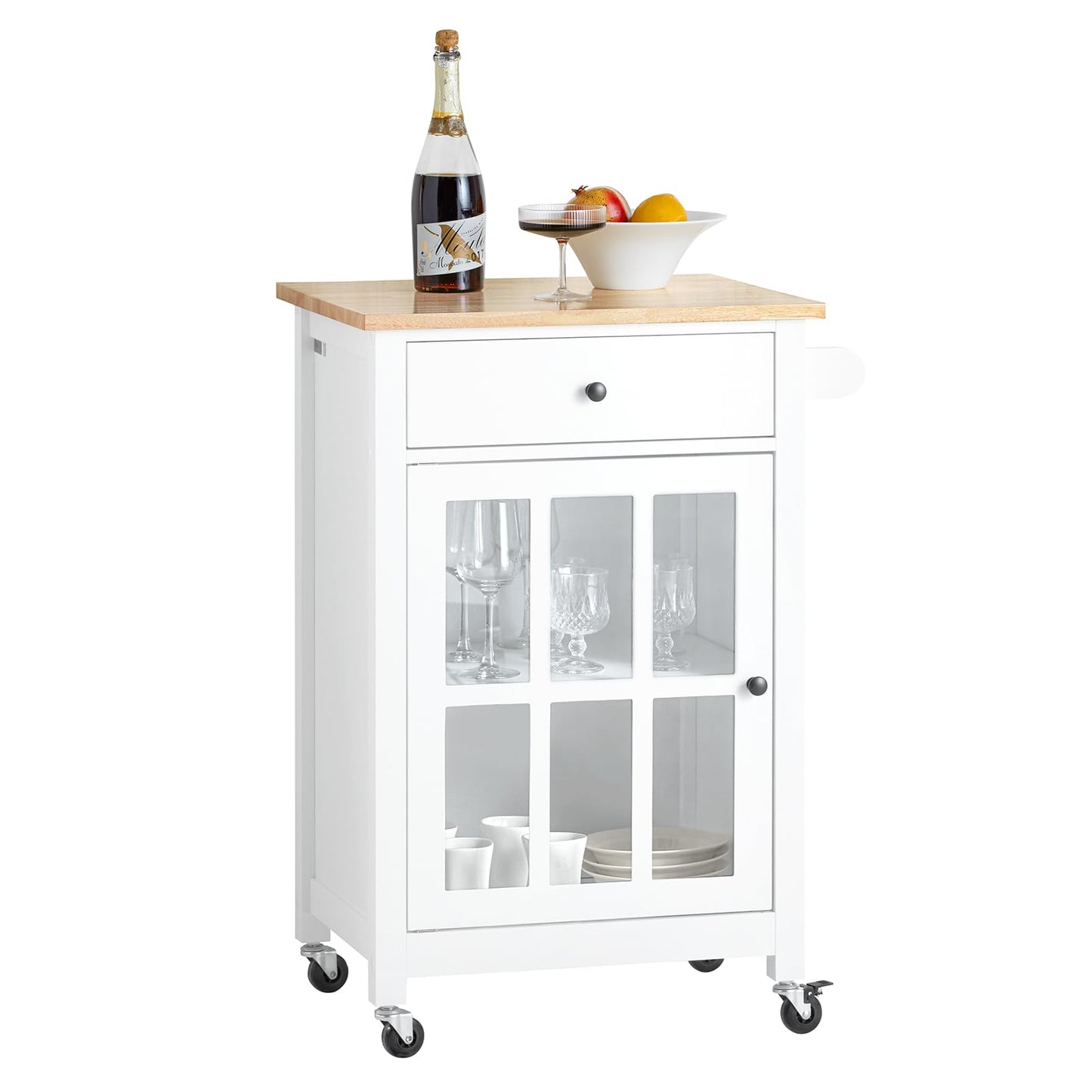 SoBuy FKW98-WN Kitchen Trolley with 1 Door and Drawer Serving Cart with Rubberwood Worktop Side Trolley Trolley White WDH approx. 62x87.5x45.5cm