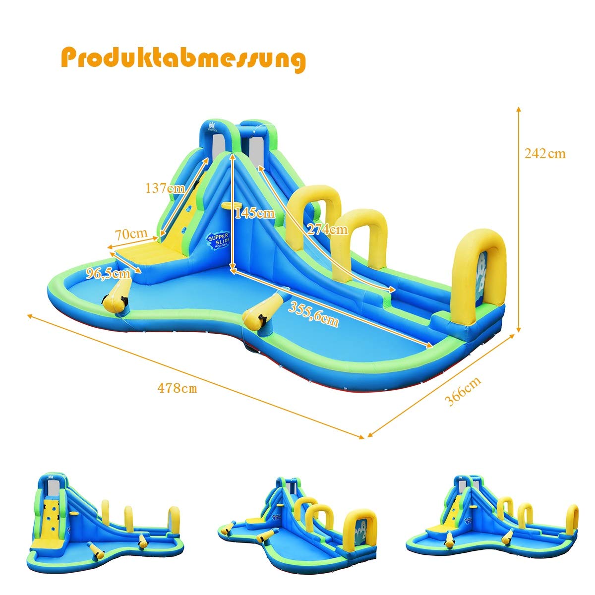 COSTWAY Inflatable Bounce House Water Slide Play Pool, Water Play Center with Slide, Inflatable Water Park, Splash Pool 478x366x242cm (Bounce House Only)