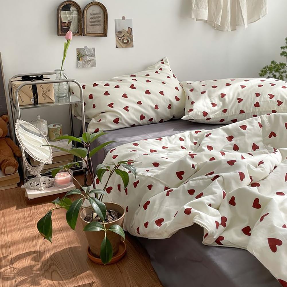 Nayoroom bedding 135x200 White with Red Hearts Duvet Cover 2-piece Microfiber Red White Hearts Bedding Set and Pillowcase 80x80 cm with zipper