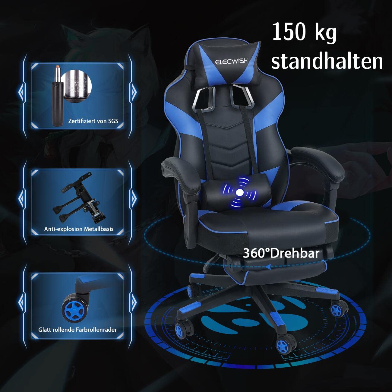 Puluomis Gaming Chair with Footrest, Racing Style, PC Chair, Swivel High-Back, Adjustable 90-150° Recline, Detachable Headrest, Lumbar Pillow, Ergonomic Design, Blue.