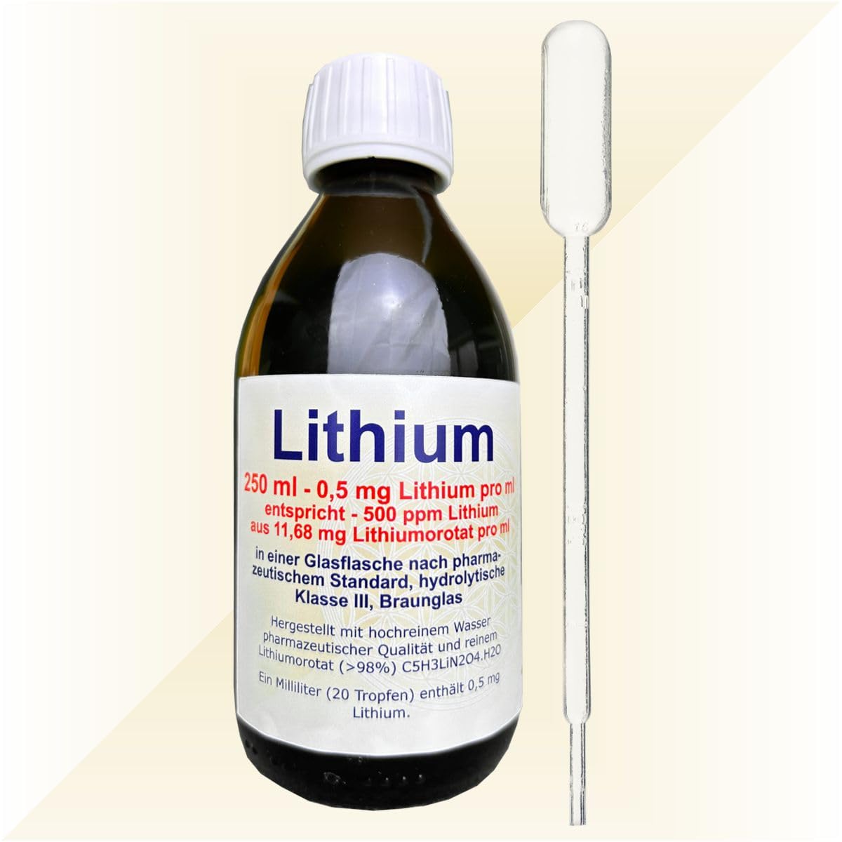 Ittermann Lithium, 1 ml contains 0.5 mg Lithium = 500 ppm, 250 ml ready-to-use solution made from highly purified water (pharmaceutical grade) and pure Lithium orotate (purity: > 98%, current batch: 99.9%)