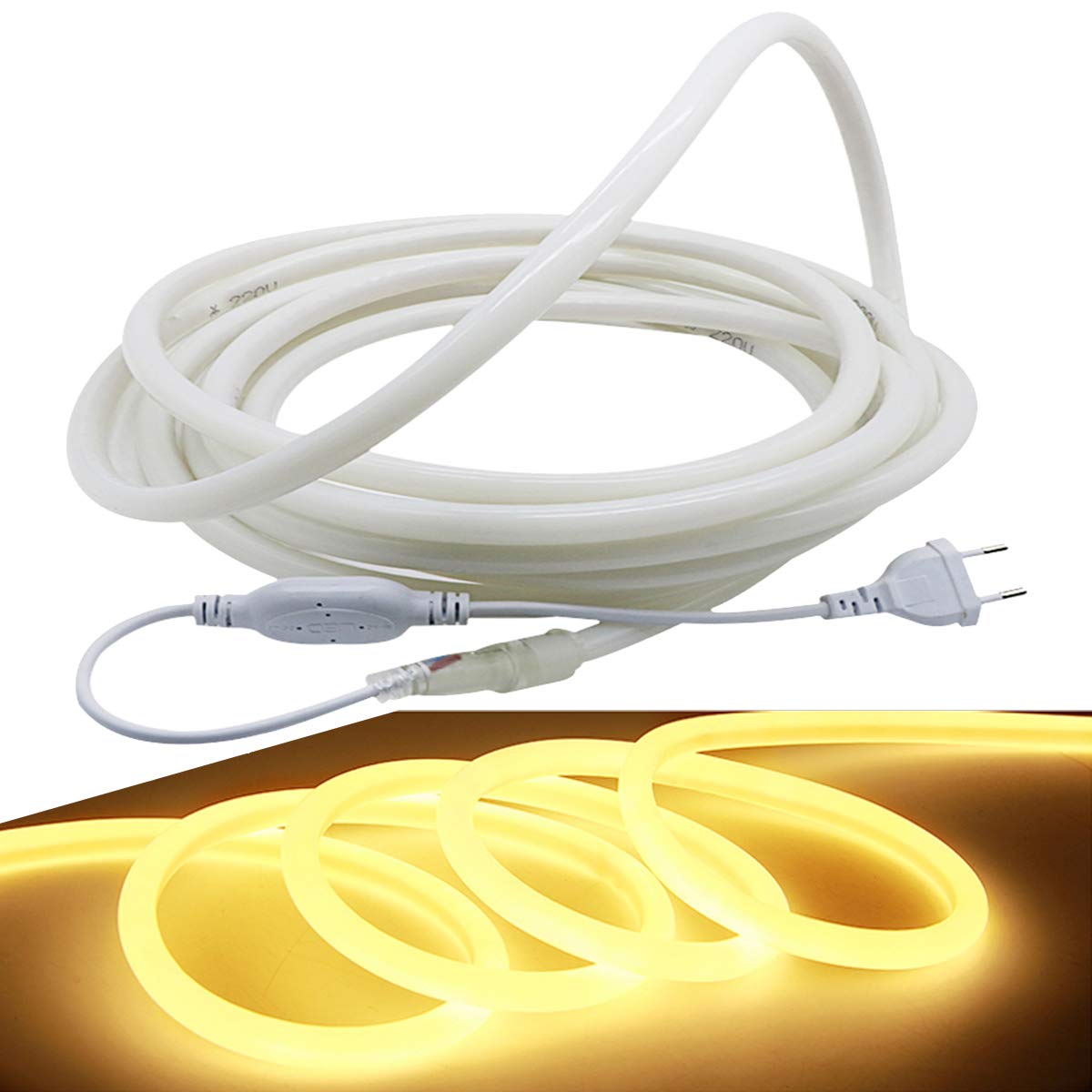 FOLLOW ME 10m Neon Rope Strip Round, 360° Luminescence Warm White, LED flexible strip without light points, 220V bright 2835 LED ribbon, IP65 waterproof for garden party wedding decoration