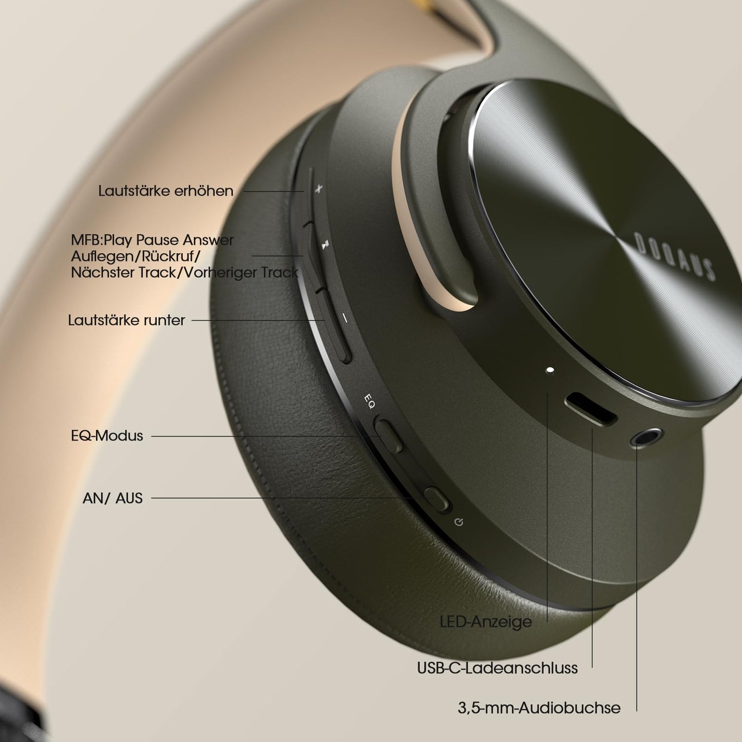 DOQAUS Bluetooth Over Ear Headphones, Up to 90 Hrs Wireless Headphones with 3 EQ Modes, HiFi Stereo Foldable Headset with Mic, soft Earpads for Travel/Office/Phone/PC/Laptops-Green