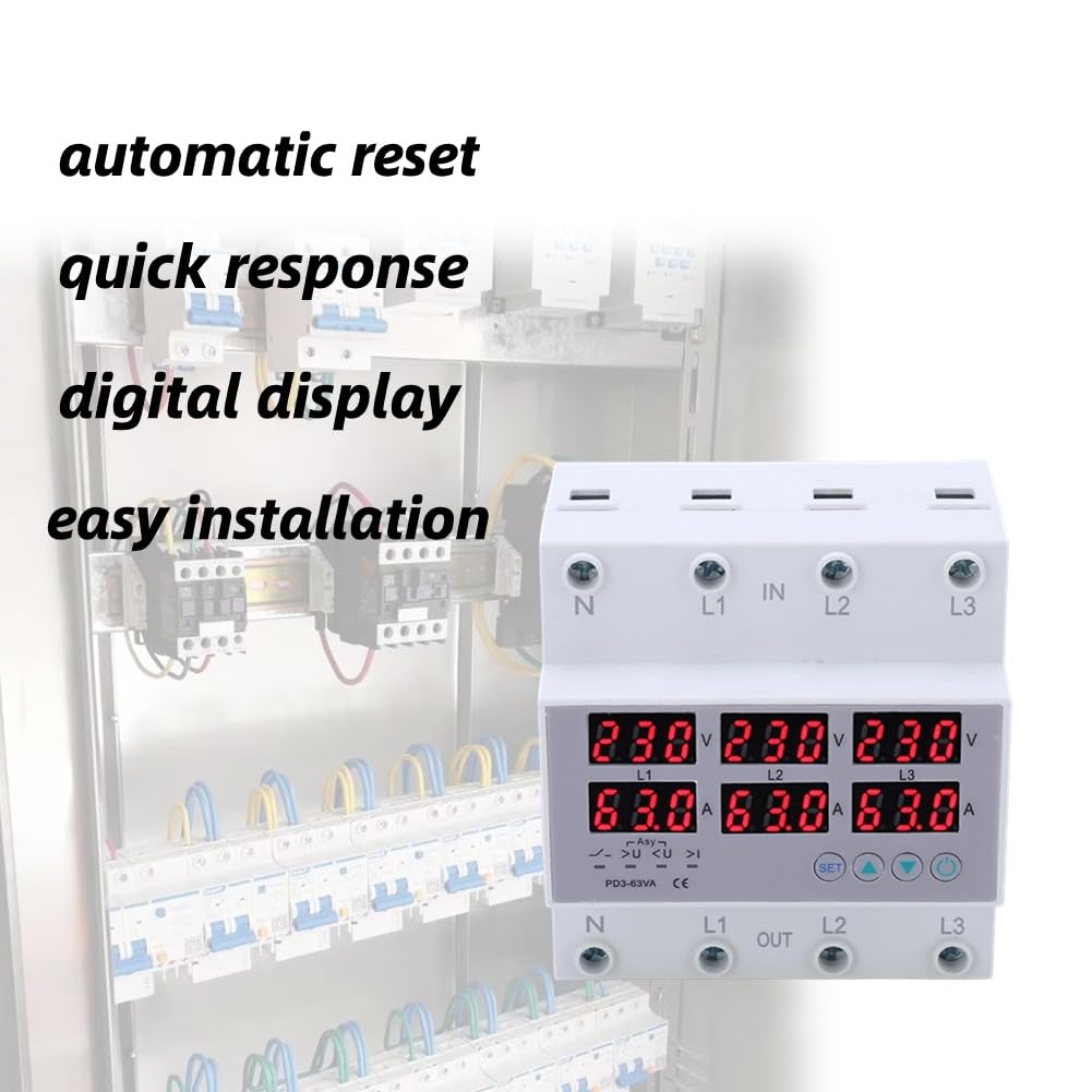3-phase DIN rail voltmeter-ammeter multitester, AC 390-500V automatic overvoltage-overcurrent protection (63A)