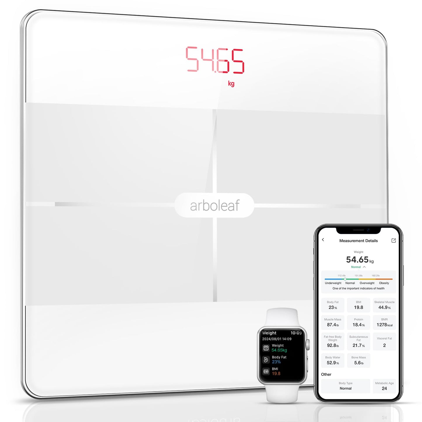 arboleaf Body Composition Scale, digital body fat scale with app and 13 body metrics 396lb/180kg, Bluetooth smart scale for BMI, body fat, muscle, protein, BMR, etc. (White)