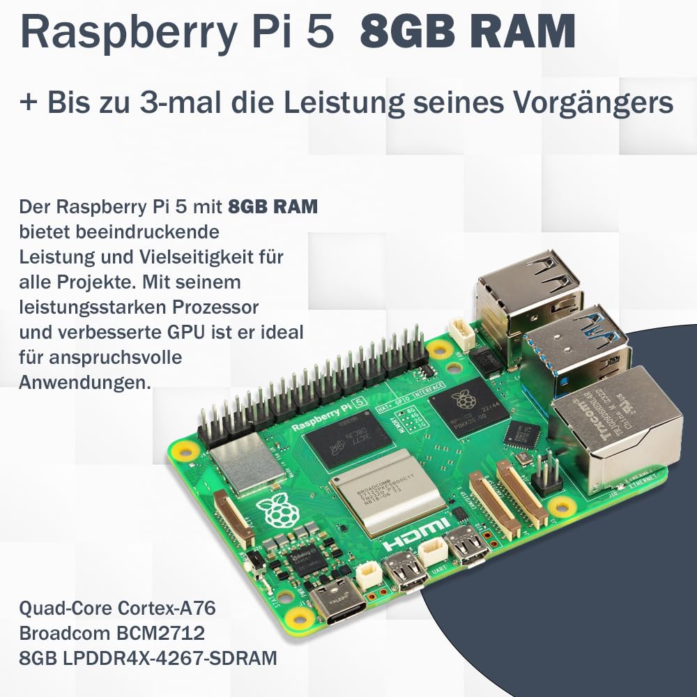 Raspberry Pi 5 8GB PCIe M.2 NVMe - Kit | Metal case | Active cooler | M.2 NVMe SSD PCIe board | USB-C 27W power supply | Ultra 64GB SD card | 4K Micro HDMI cable
