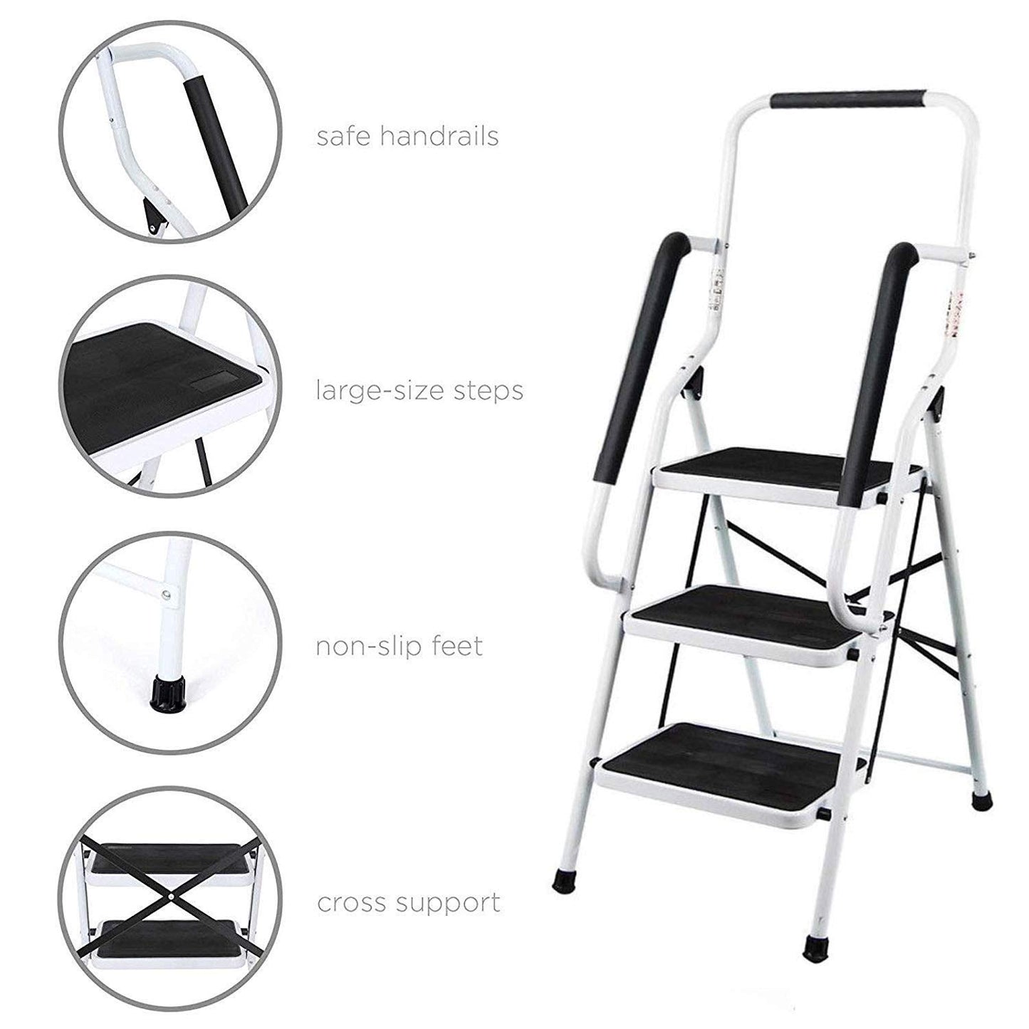 3-step step ladder with handrail Foldable Safety Non-slip Lightweight 8.5 kg for home office warehouse Maximum load capacity 150 kg