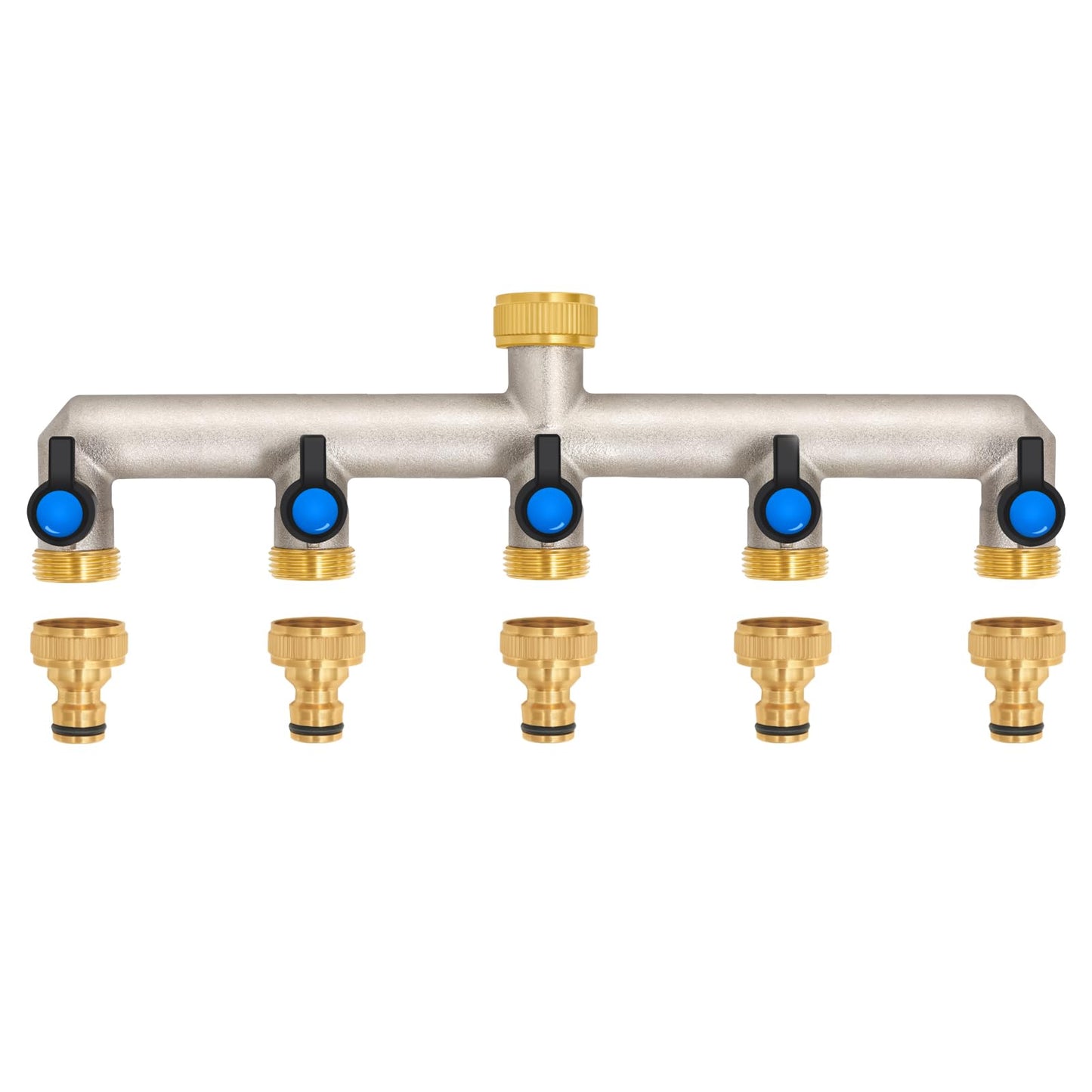 5-way water tap water distributor made of brass for 5 devices/garden hoses, 5-way distributor 3/4" adapter 1/2" with ball valve for adjusting and shutting off water flow.