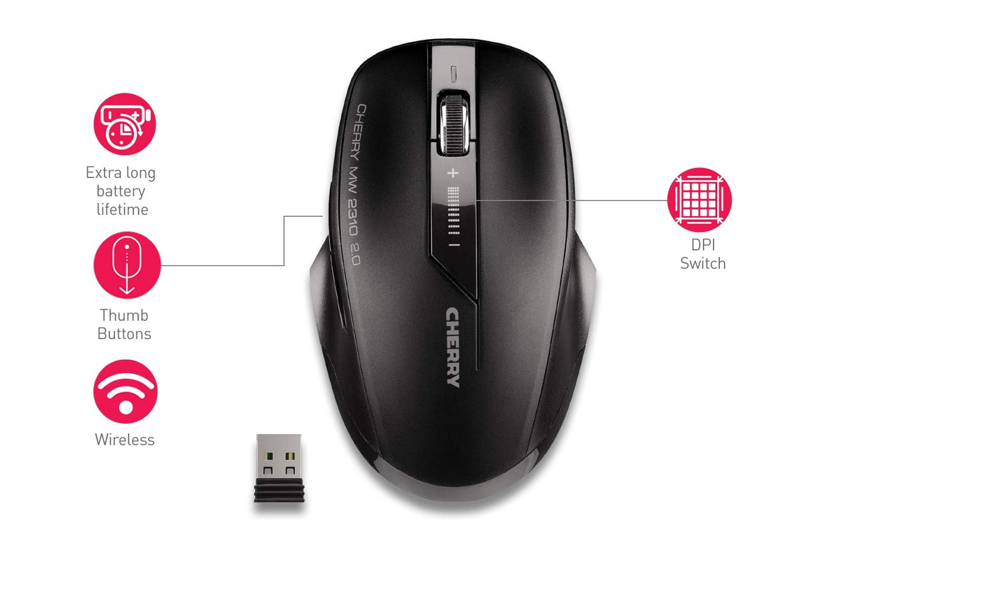 CHERRY MW 2310 2.0, wireless 6-button mouse, 2.4 GHz wireless with 10m range, optical sensor & DPI switch, nano USB receiver, ambidextrous use, black