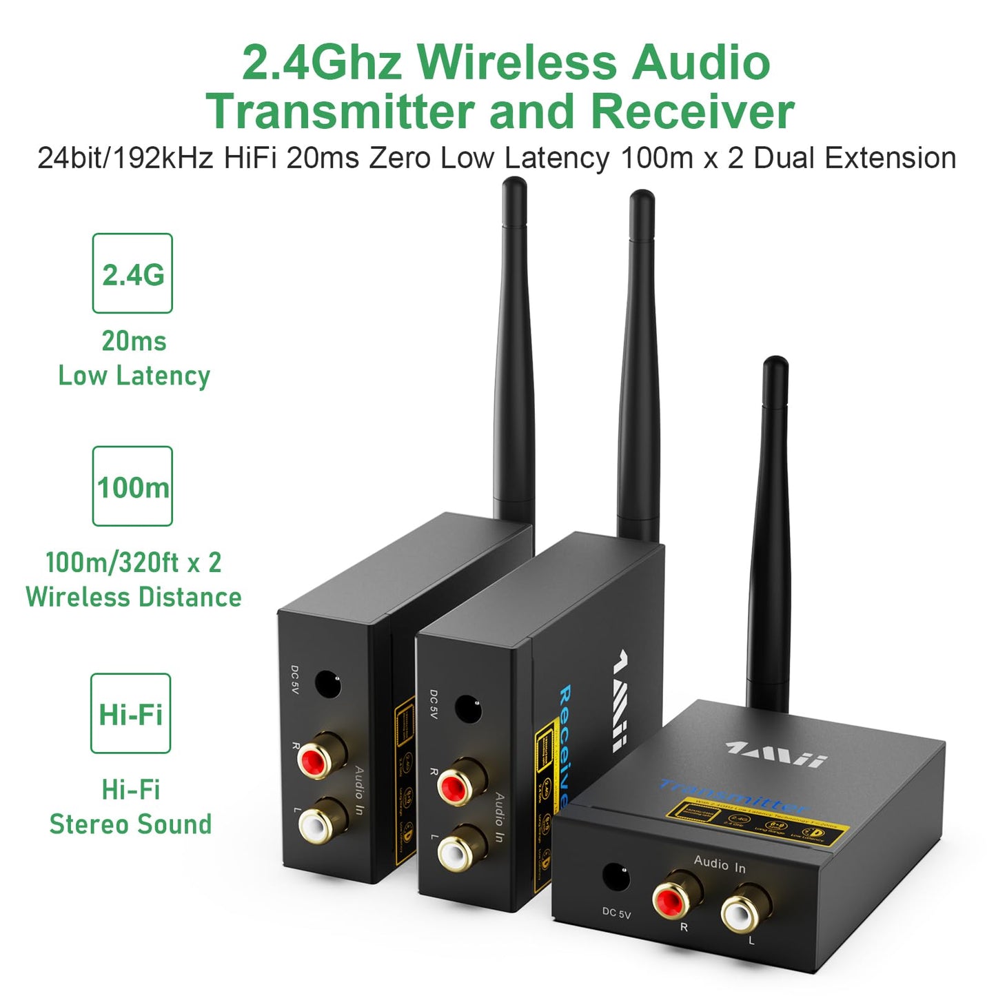 1Mii 3-in-1 Audio Transmitter Receiver, Wireless Transmitter and 2 Receivers, 2.4G Low Delay, 100m Long Range from TV/PC to Active Speaker/Subwoofer/Stereo, RCA Output/Input.