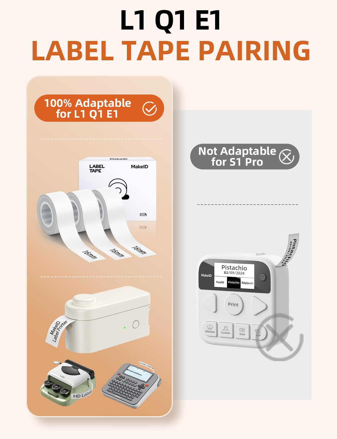 MakeID label tape compatible with L1/Q1/E1 (16mm x 4m) Self-adhesive plastic as label tapes 3 x white