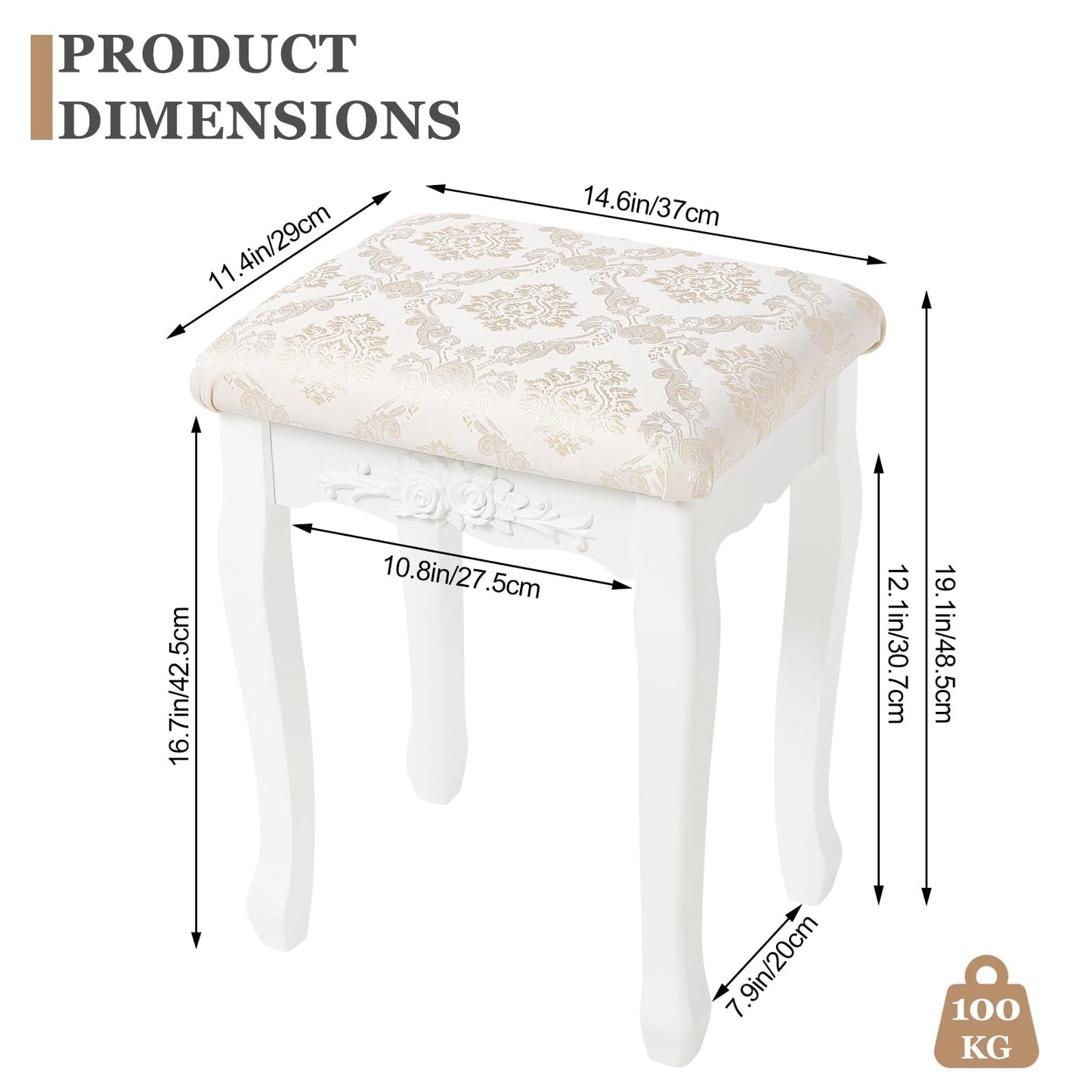 WOLTU Makeup Stool Vanity Stool, Country Style Ottoman, Baroque Padded Stool for Vanity Table, MDF Wood, White Lacquered, MB6011