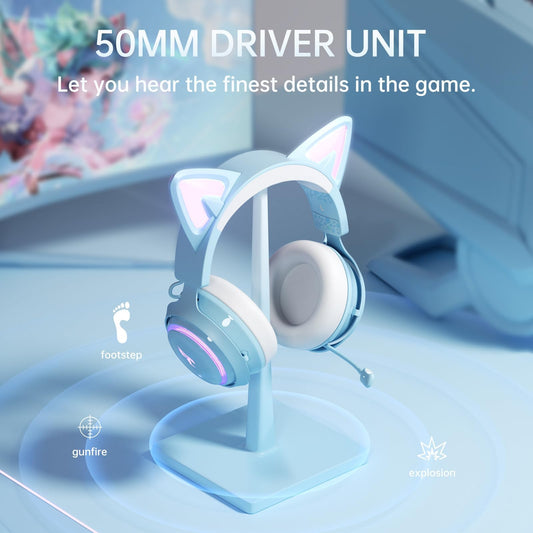 Somic Cat Ear Headphones, 2.4G/Bluetooth Wireless Gaming Headset for PS5, PS4, PC with RGB lights and retractable microphone, 10 hours playtime, for laptop, smartphone - GS510 Pro in Blue.