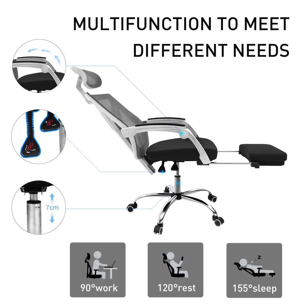 Hbada office chair, ergonomic swivel chair with footrest, executive chair with high backrest, desk chair with adjustable headrest and armrests, white.