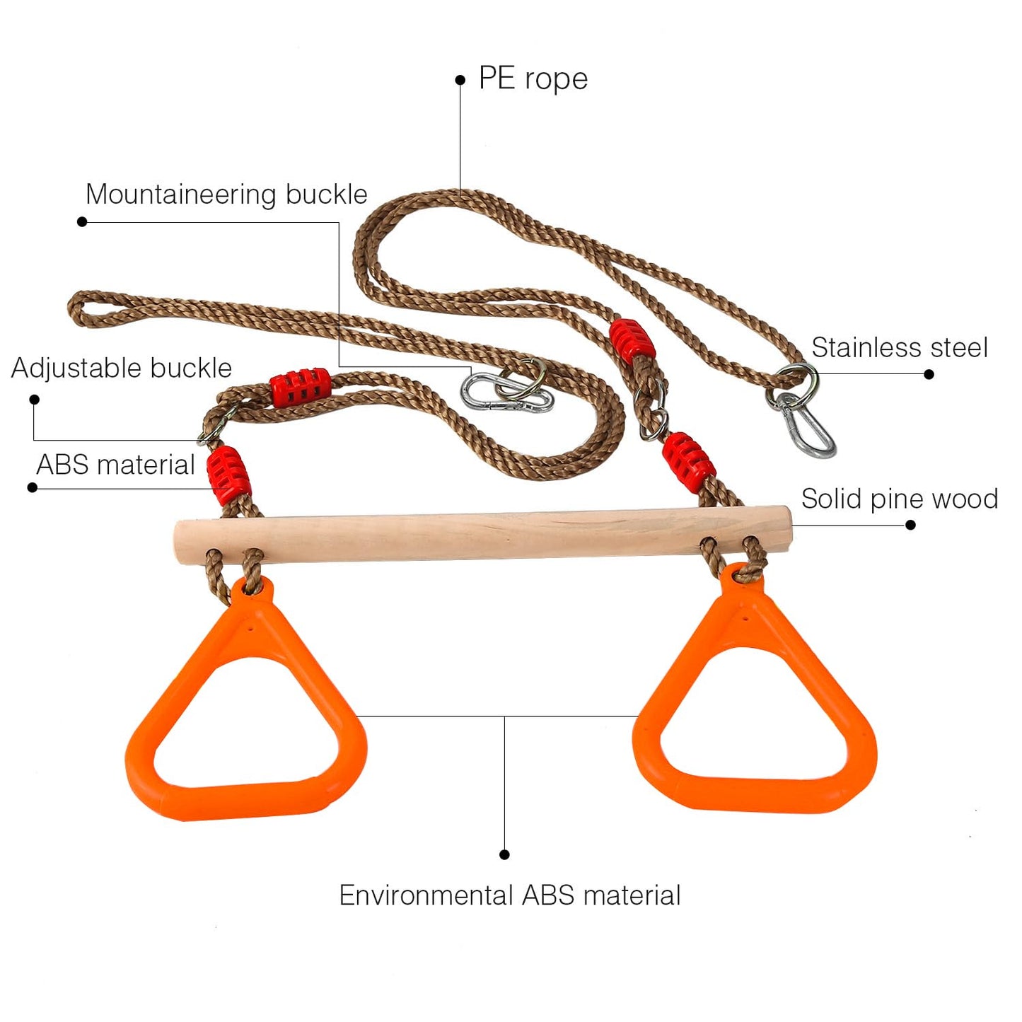 PELLOR Multifunctional Kids Wooden Trapeze Swing with Plastic Gym Rings, supports up to 160KG.