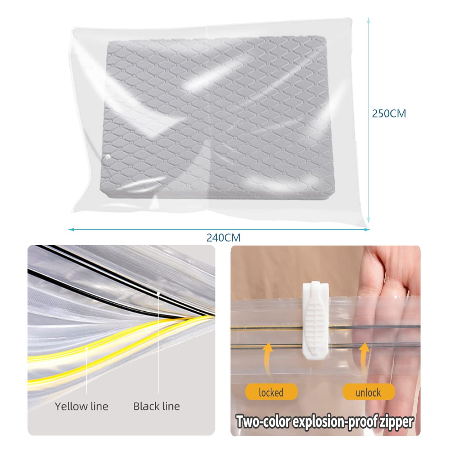 YZMY vacuum bags for mattresses, vacuum-sealed mattress cover for moving/storage of foam mattresses, 80% compression, 2 straps (Size: 240x250cm)