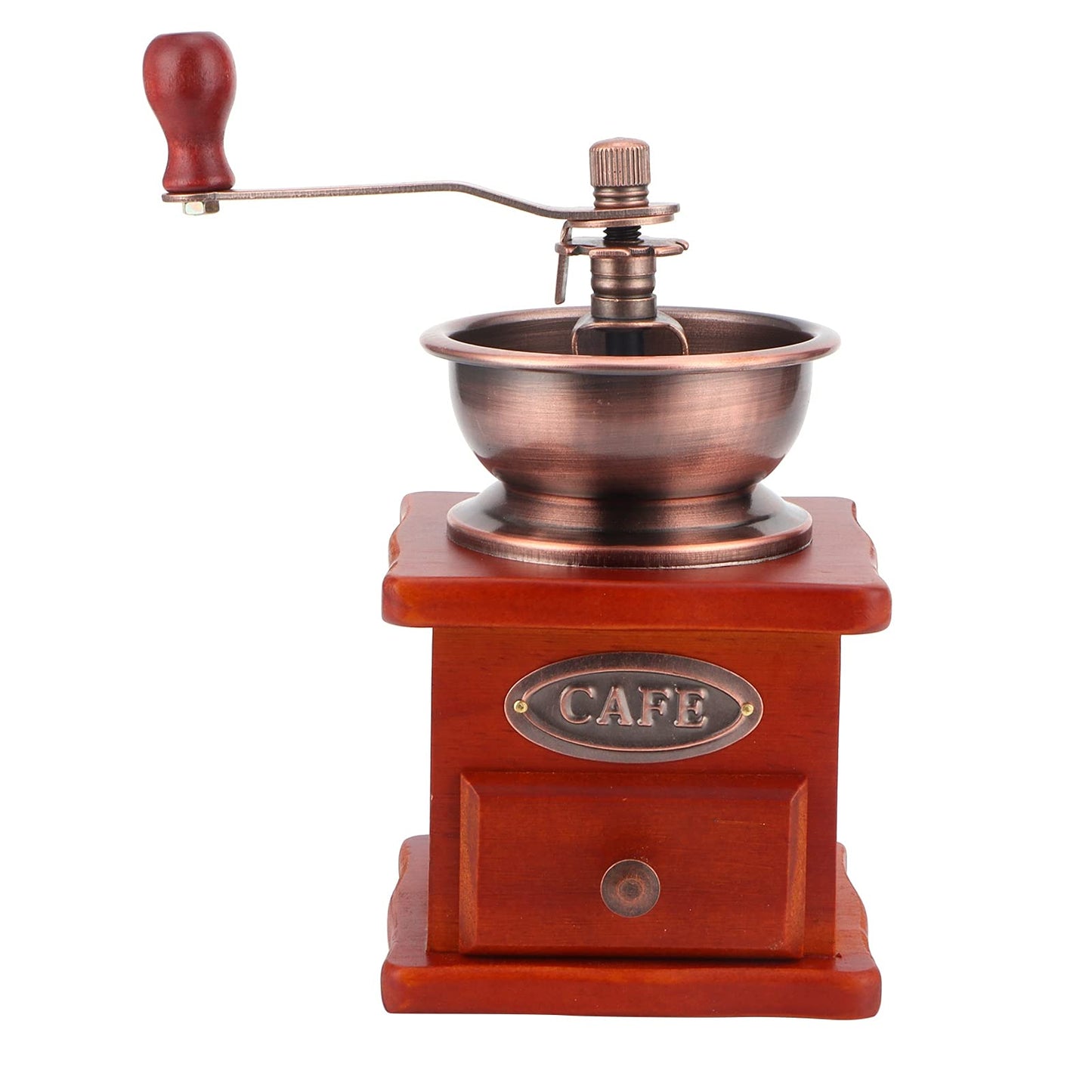 Manual coffee grinder, wooden hand mill with hand crank, coffee bean grinder, brown retro coffee grinder for drip coffee, French press.