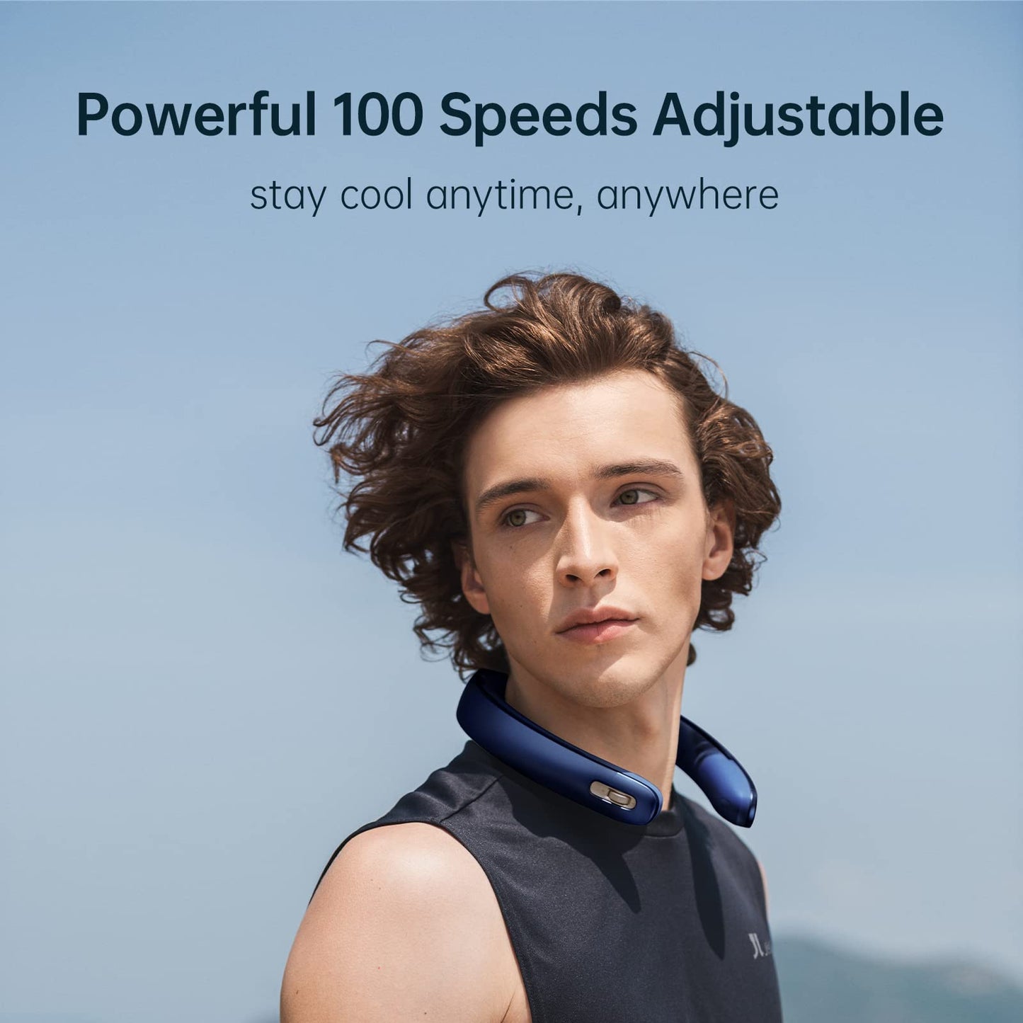 JISULIFE Portable Neck Fan Pro with 100 speeds, bladeless design, portable fan, stepless button, LED display, rechargeable personal 5000mAh in blue.