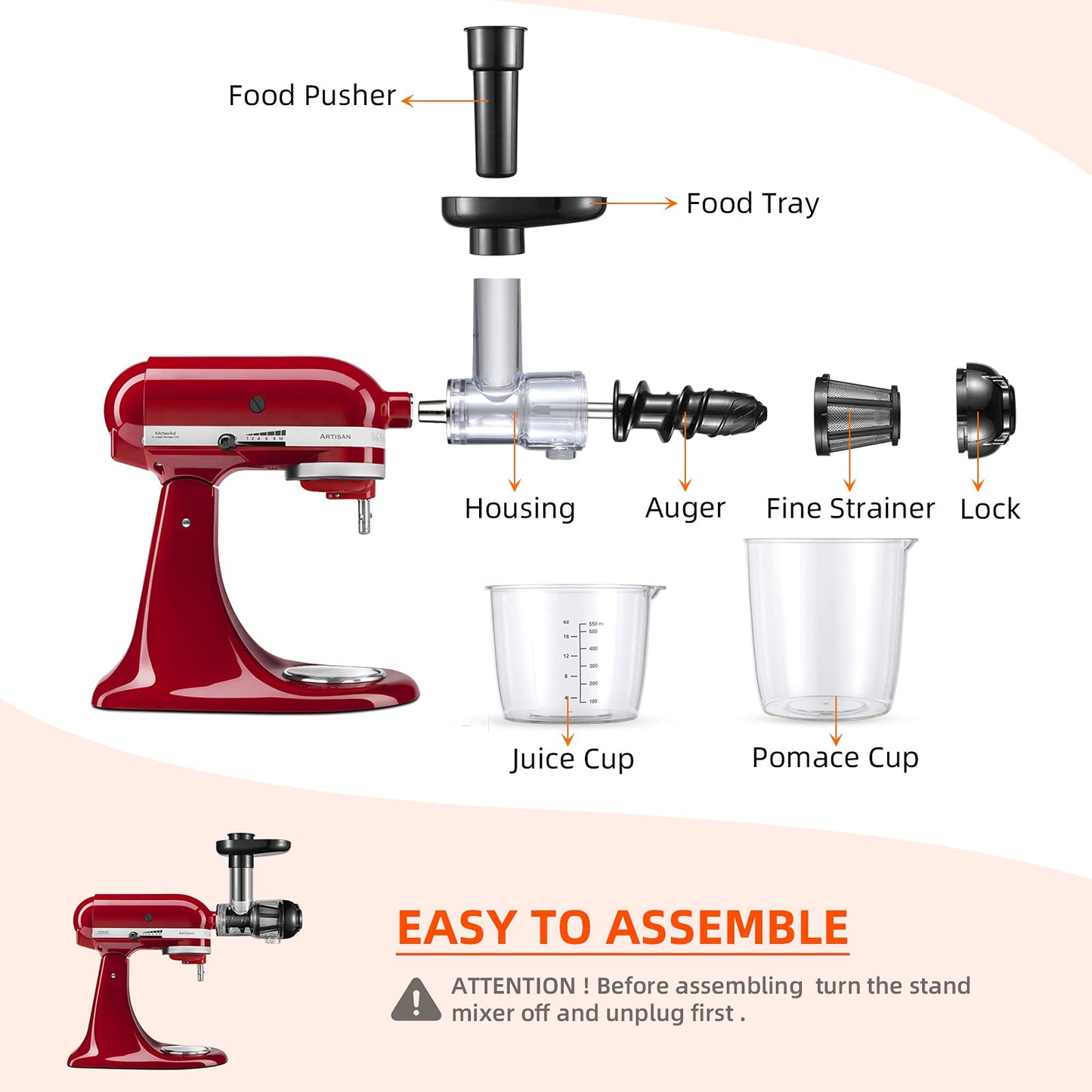 Gdrtwwh Juicer Attachment for KitchenAid Stand Mixer, Slow Juicer Citrus Juicer Accessory, Masticating Juicer Attachment for Vegetables and Fruits