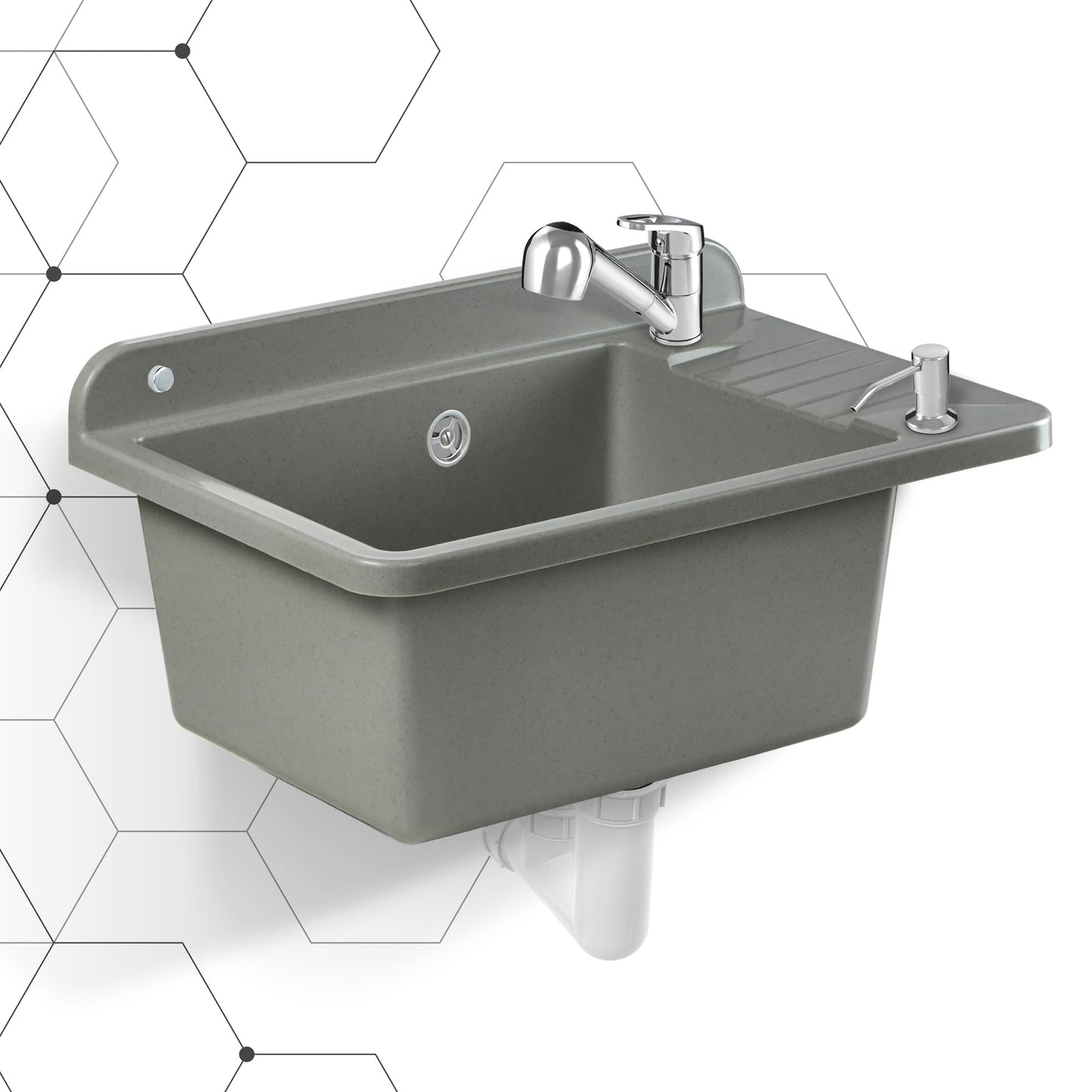 GOSPO Polypropylene sink, 50.5 x 34 x 26.5 cm, with faucet, siphon, soap dispenser, household utility sink (Grey)