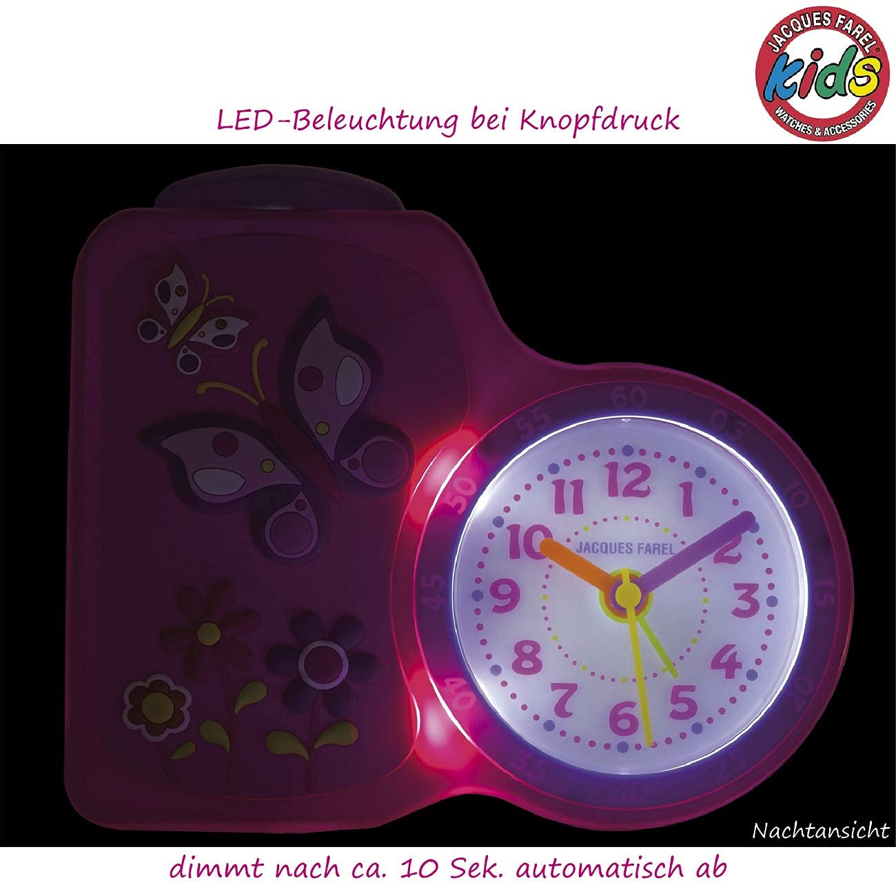 JACQUES FAREL Children's alarm clock girls butterflies flowers pink without ticking, with light and snooze ACB 711 by