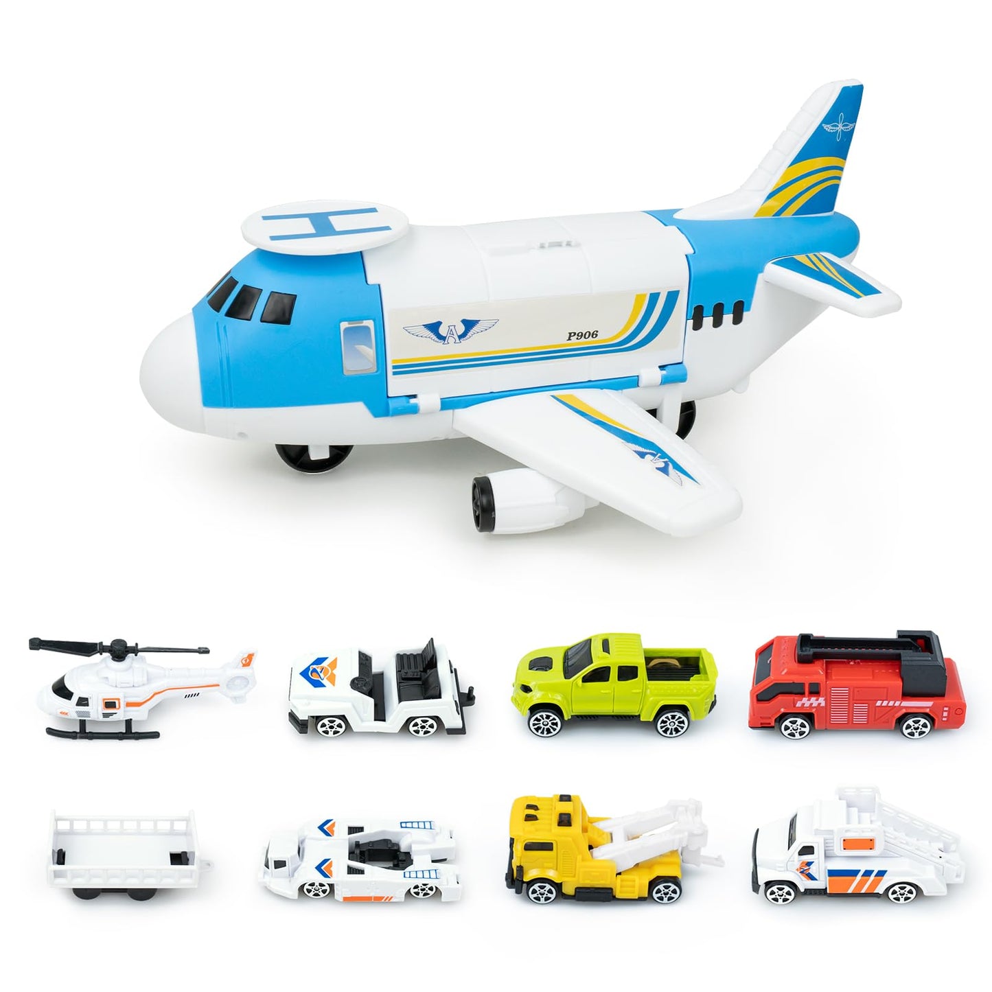 RedCrab airplane playset, transport airplane toy with car, helicopter, and ramp. Children's vehicle learning toy, toy car set, gift for kids ages 3 and up.