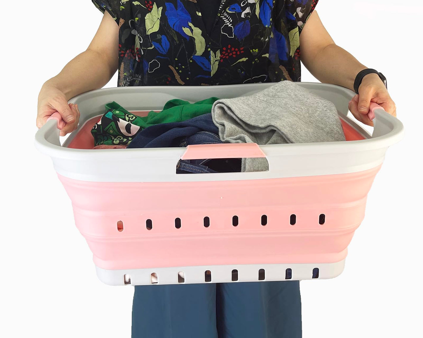 SAMMART 42L Plastic Foldable Laundry Basket - Foldable Pop-Up Storage Container/Organizer - Portable laundry hamper - space-saving (1, Gray/Quartz Pink)
