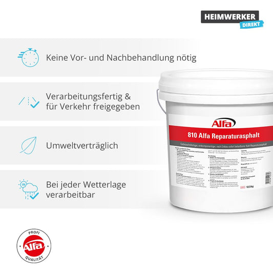 1x Alfa Repair Asphalt 25 kg professional quality cold asphalt with grain size 0 to 5 mm for patching potholes in a resealable bucket, repair asphalt