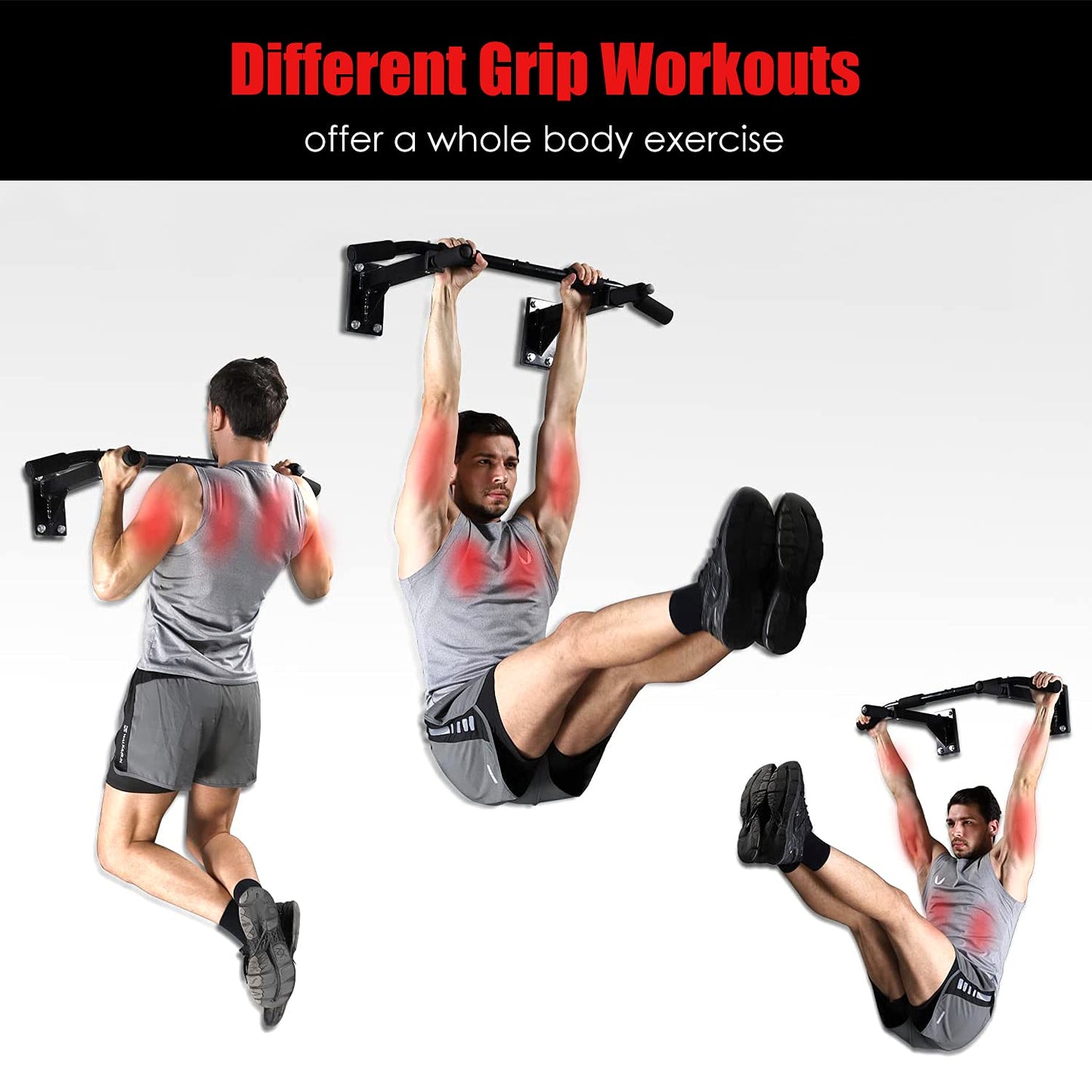 ISE Multifunction Fitness Pull-Up Bar for wall mounting, pull-up bar up to 200kg with non-slip grips, numerous pull-up exercises, wall bracket & 8 heavy-duty plugs for installation SY-165