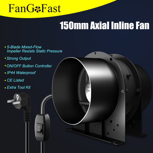 FanGoFast 150mm axial tube fan kit, 334m³/h axial exhaust fan duct fan with ON/OFF switch and 3m hose for grow tent, garage, tool room, office.