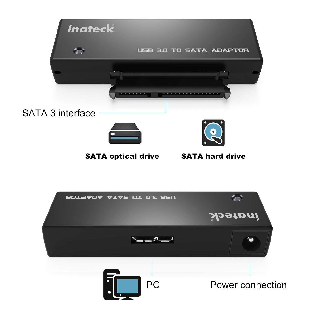 Inateck USB 3.0 to SATA Converter Adapter for 2.5/3.5 inch HDD SSD Drives with 12V 2A Power Supply.
