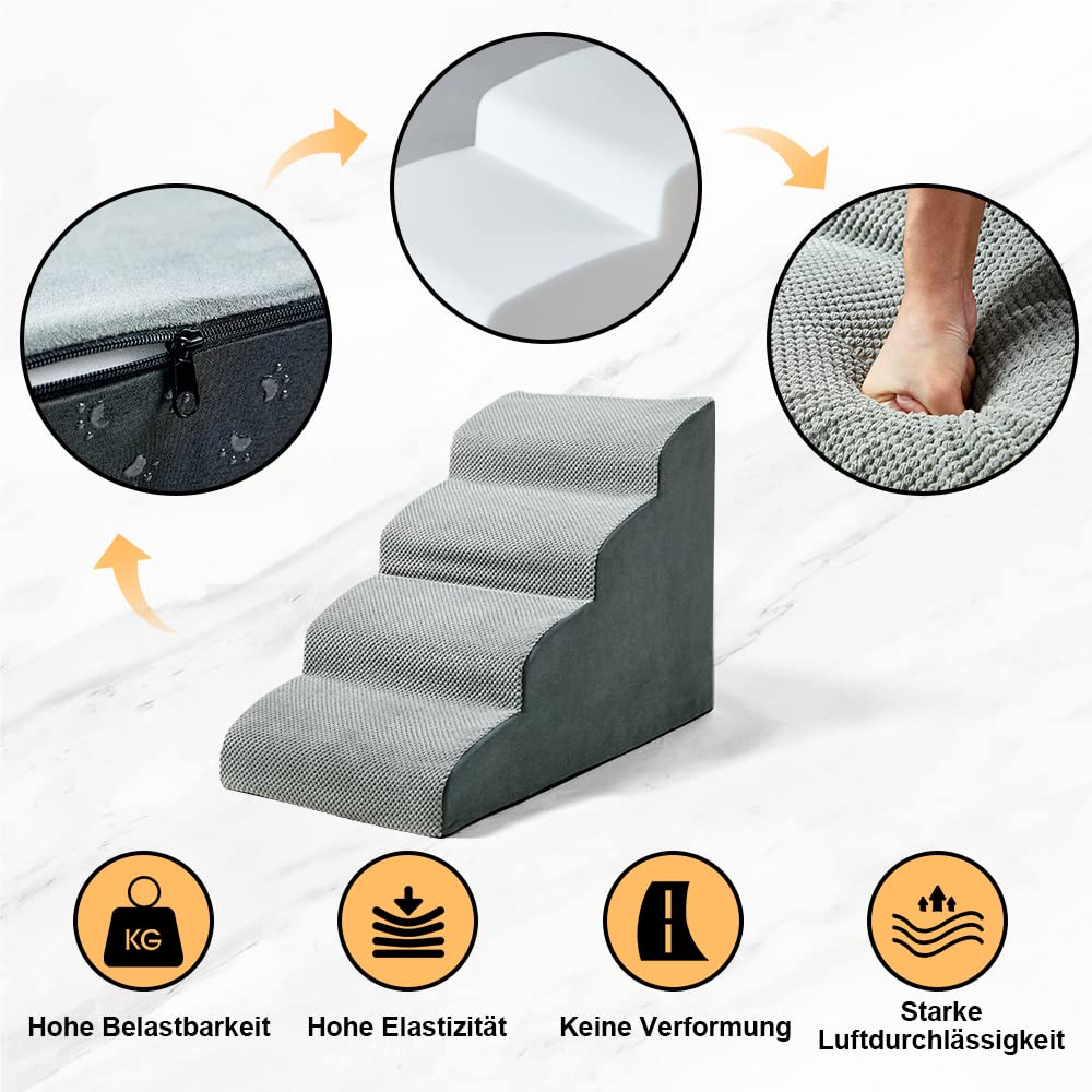 A.FATI Dog Stairs Bed, 4 Steps Dog Ramp made of high-density foam for Couch|Sofa|, Non-slip Pet Stairs 50cm High for Small Dogs - with Dog Toy Rope (gray)