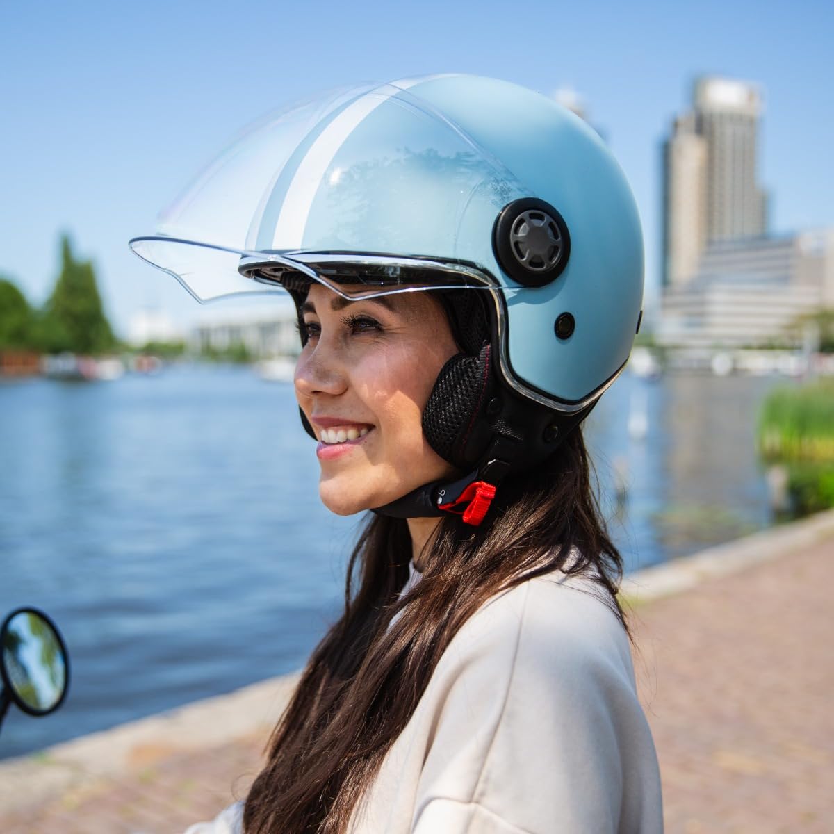 VINZ Parchi Jet Helmet with Double Visor | Scooter Helmet Fashion Helmet with Stripes | Available in sizes XS-XXL | Jet Helmet with Sun Visor | ECE 22.06 Certified | Motorcycle Helmet with Visor - Light Blue