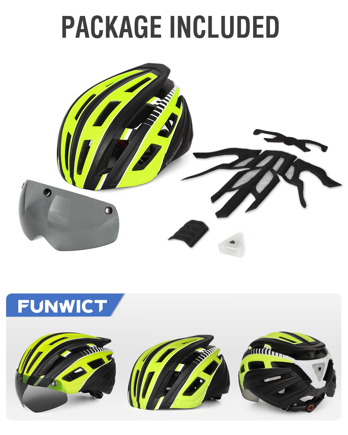 FUNWICT Bike Helmet Men Women Helmet Bike with Removable Magnetic Glasses and Inner Lining LED Rear Light Helmet with Visor for Cycling (BlackYellow)