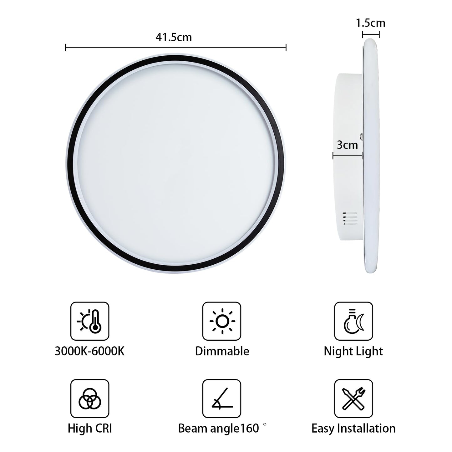 MOONSEA LED Ceiling Light Dimmable with Remote Control, 28W Black LED Ceiling Lamp Φ41.5CM 3000K-6000K, Indirect Lighting Ceiling Light for Bedroom, Kids Room, Kitchen, Dining Room
