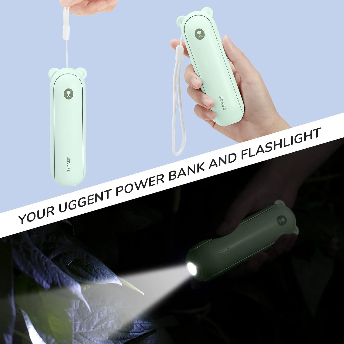 JISULIFE Handheld Fan Mini Fan 3 IN 1, with 4500 mAh Power Bank USB Battery Small, Battery Operated Max 37Hrs Runtime Portable Fan, Flashlight Function - Green