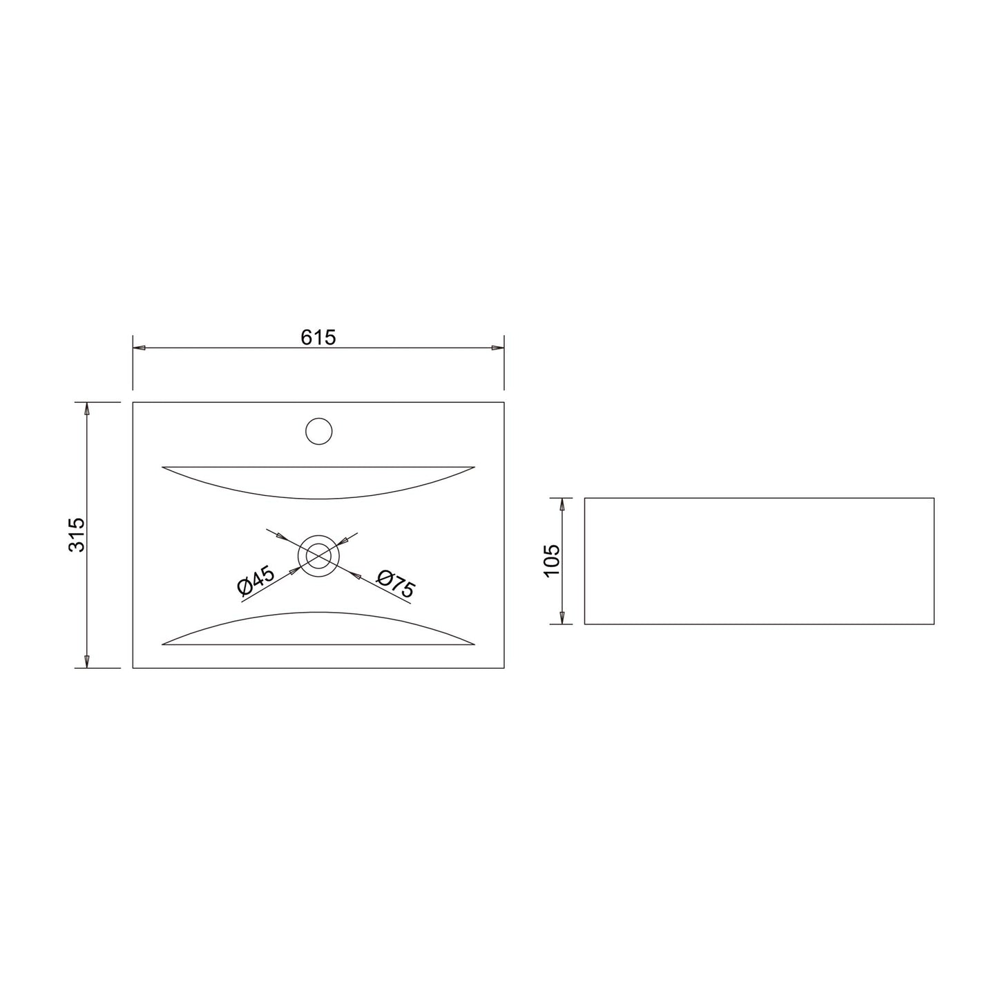 May & May Ceramic White Wall-Mounted washbasin sink with nano-coating/lotus effect. Rectangular dimensions: 61x31x10cm, weight: 118g.
