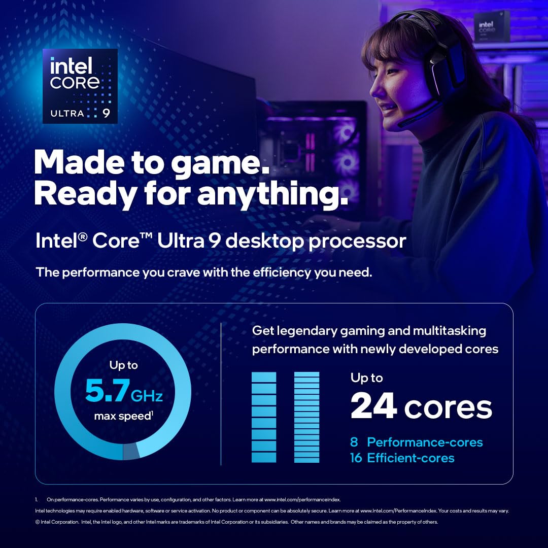 Intel® Core™ Ultra 9 Desktop Processor 285K with 24 cores (8 P-cores + 16 E-cores) up to 5.7 GHz.
