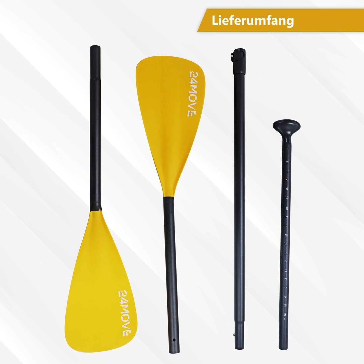 24MOVE® Double Paddle 2 in 1 Telescopic Paddle Push Paddle for SUP Stand Up Board, Kayak, Lightweight Aluminum 230cm, adjustable, yellow