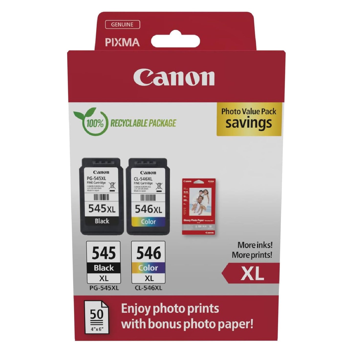 Canon Ink Cartridges & Paper Multipack - PG-545XL/CL-546XL Original Printer Cartridges 2-Pack (1 x Black, 1 x Color) & 4x6 Photo Paper (50 Sheets)