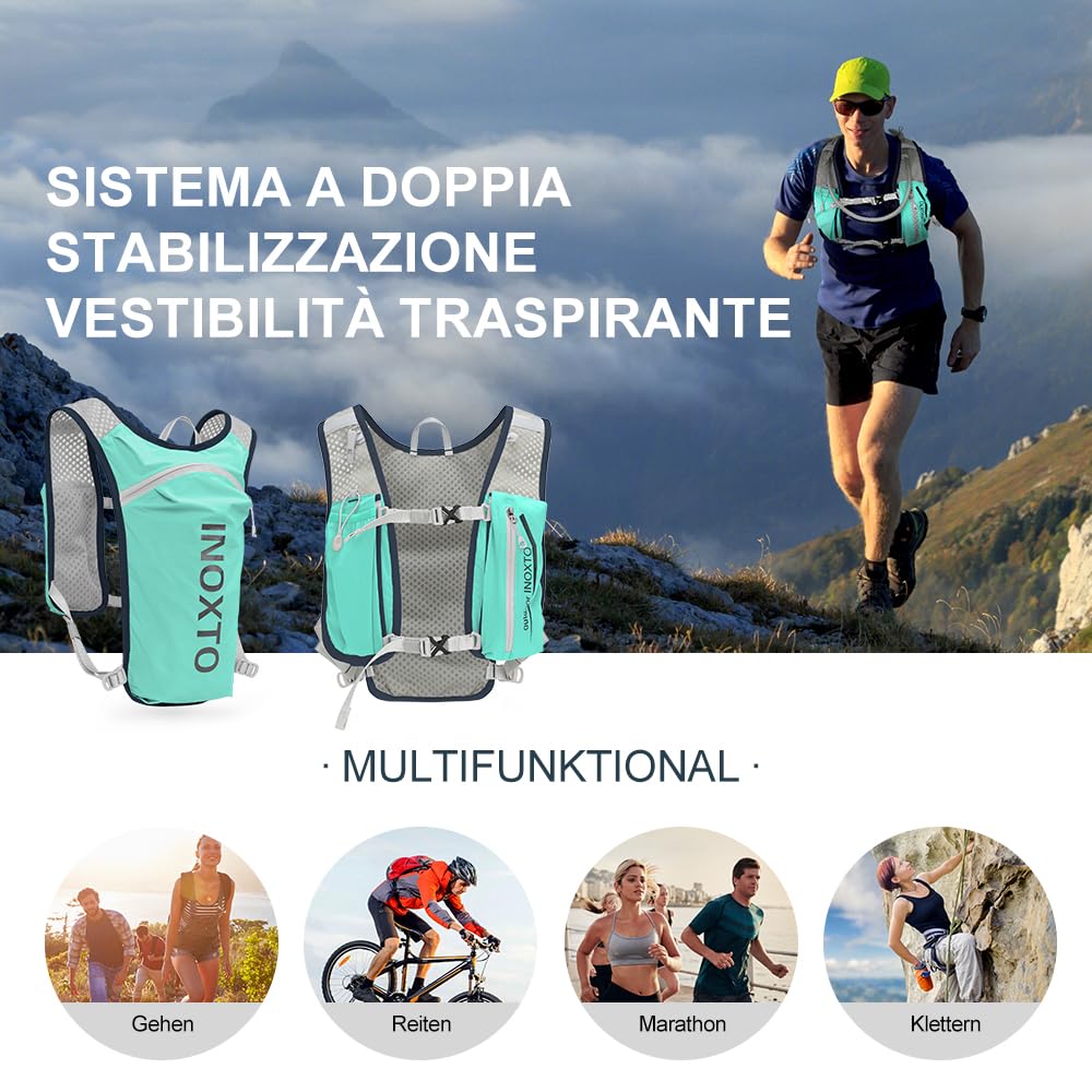 INOXTO Running Backpack, 5L Lightweight Hydration Pack, suitable for outdoor hiking, cycling competition, mountaineering hydration vest, backpack, men and women (Light green)