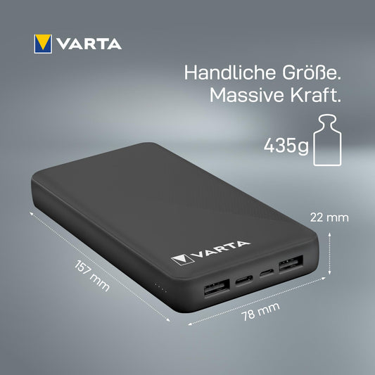 VARTA Power Bank 20000mAh, Power on Demand Powerbank with 4 ports (1x Micro USB, 2x USB A, 1x USB C), compatible with tablets & smartphones, in environmentally friendly packaging.