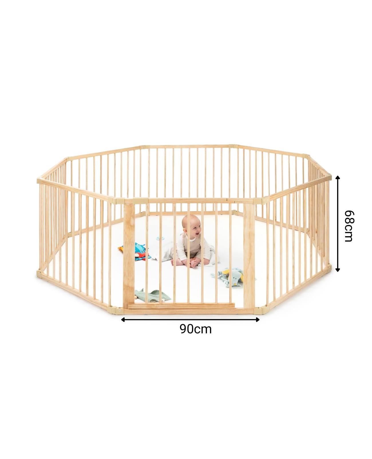 dibea playpen for babies & toddlers, sustainable playpen made of light spruce wood with door, 8 elements each 90x68 cm, solid barrier gate protects when crawling & learning to walk, safe protective gate