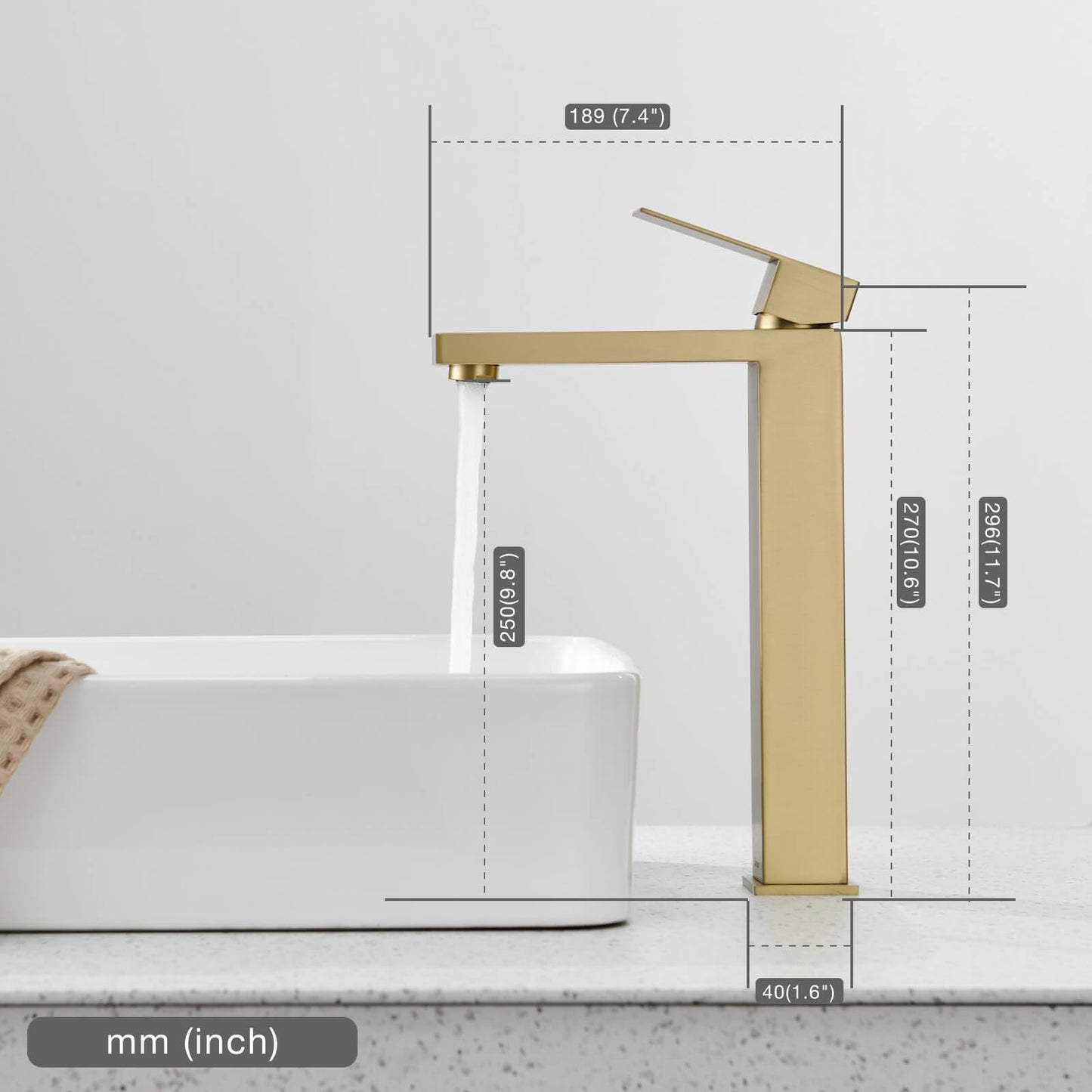 DETBOM Bathroom Faucet Gold, High Basin Faucet made of stainless steel, High spout height 250 mm, with low-noise ceramic valve core, Mixer Tap for Hot and Cold Water Adjustable